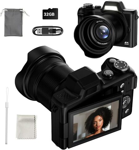 كاميرا رقمية بدقة 4K للتصوير الفوتوغرافي، وكاميرا تسجيل فيديو بتركيز تلقائي بدقة 56 ميجابكسل للسفر على YouTube، وشاشة قابلة للطي بزاوية 180 درجة مقاس 3 بوصات وغطاء عدسة تكبير 16X، وبطاقة SD سعة 32 جيجابايت للمراهقين والمبتدئين، أسود كربوني in Kuwait