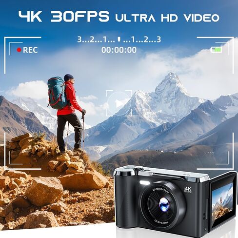 كاميرا رقمية JDZ 4K للتصوير الفوتوغرافي والفيديو، كاميرا تسجيل فيديو بتركيز تلقائي 56 ميجابكسل لليوتيوب، شاشة قلاب 3 بوصة 180 درجة، تكبير 16X، فلاش، كاميرا سفر مدمجة مع بطاقة 32 جيجابايت للمبتدئين in Kuwait