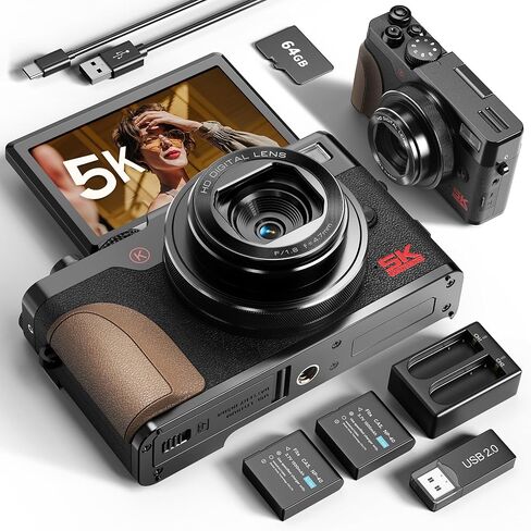 True 5K 64MP Digital Camera for Photography, Autofocus 18X Zoom, 3'' 180° Flip Screen, Comes with 64GB TF Card & 2 Batteries, Compact Travel Vlogging Camera for YouTube Beginners (Silve) in Saudi Arabia