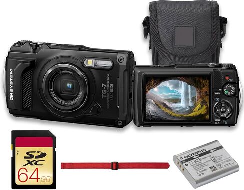 كاميرا رقمية تحت الماء من Olympus OM System Tough TG-7 (أسود) مستشعر BSI CMOS بدقة 12 ميجابكسل، مقاوم للماء، مقاوم للصدمات، مقاوم للتجميد، فيديو 4K، نظام تحديد المواقع العالمي، نظام استشعار ميداني، كاميرا مدمجة مع حقيبة وبطاقة 64 جيجابايت in Kuwait