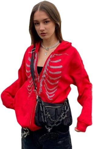 Tooe Women Grunge Zip up Hoodies Fairy Skeleton Graphic Oversized Sweatshirt Y2K Punk Goth Jacket with Pockets in Saudi Arabia