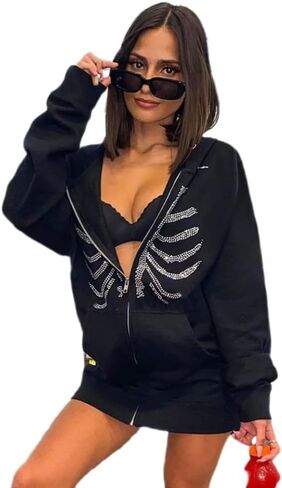 Tooe Women Grunge Zip up Hoodies Fairy Skeleton Graphic Oversized Sweatshirt Y2K Punk Goth Jacket with Pockets in Saudi Arabia