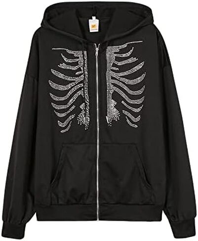 Tooe Women Grunge Zip up Hoodies Fairy Skeleton Graphic Oversized Sweatshirt Y2K Punk Goth Jacket with Pockets in Saudi Arabia