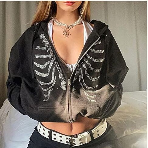 Tooe Women Grunge Zip up Hoodies Fairy Skeleton Graphic Oversized Sweatshirt Y2K Punk Goth Jacket with Pockets in Saudi Arabia
