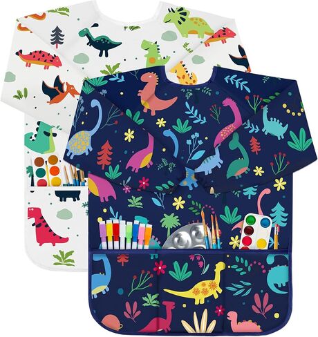 Bassion 2 Pack Kids Art Smock، مرايل رسم للأطفال الصغار ملونة مقاومة للماء للأطفال مع أكمام طويلة 3 جيوب واسعة لهدايا للأعمار من 2 إلى 8 سنوات (متعددة الألوان باللون الأزرق الوردي) in Kuwait