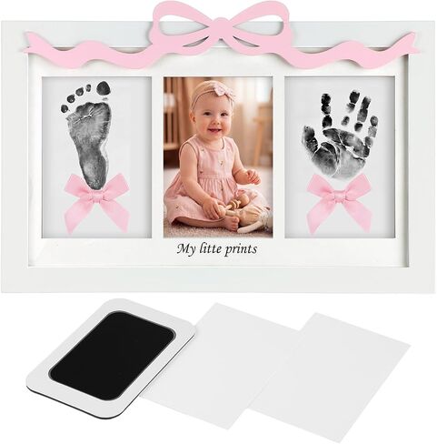 Qunclay Baby Inkless Handprint Footprint Kit Pink Bow Newborn Keepsake Picture Frame with Inkless Pad 2 Display Cards Ideal Mothers Day New Mom Gifts for Baby Shower Girls Boys Nursery Decor in Kuwait
