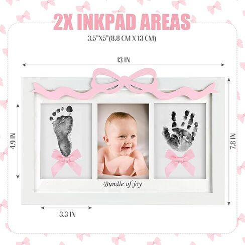 Qunclay Baby Inkless Handprint Footprint Kit Pink Bow Newborn Keepsake Picture Frame with Inkless Pad 2 Display Cards Ideal Mothers Day New Mom Gifts for Baby Shower Girls Boys Nursery Decor in Kuwait