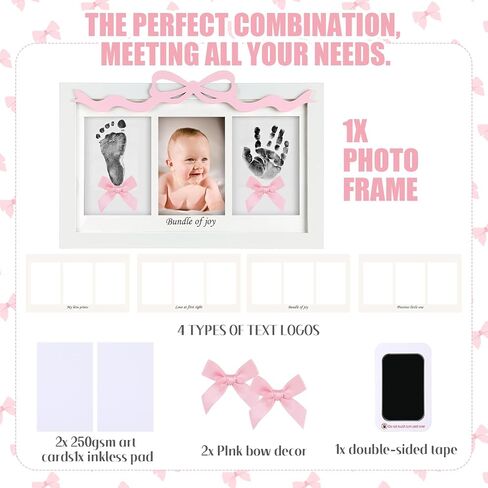 Qunclay Baby Inkless Handprint Footprint Kit Pink Bow Newborn Keepsake Picture Frame with Inkless Pad 2 Display Cards Ideal Mothers Day New Mom Gifts for Baby Shower Girls Boys Nursery Decor in Kuwait