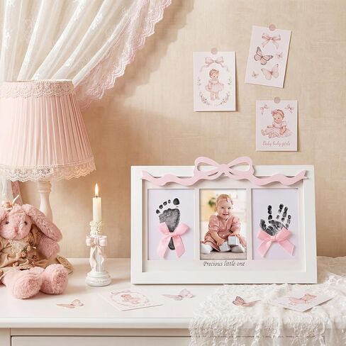 Qunclay Baby Inkless Handprint Footprint Kit Pink Bow Newborn Keepsake Picture Frame with Inkless Pad 2 Display Cards Ideal Mothers Day New Mom Gifts for Baby Shower Girls Boys Nursery Decor in Kuwait