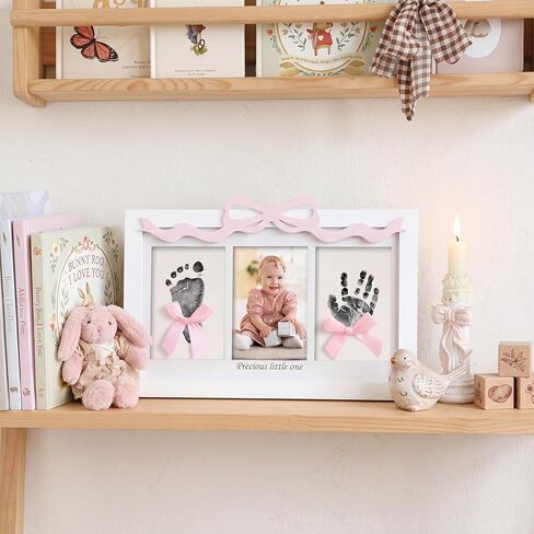 Qunclay Baby Inkless Handprint Footprint Kit Pink Bow Newborn Keepsake Picture Frame with Inkless Pad 2 Display Cards Ideal Mothers Day New Mom Gifts for Baby Shower Girls Boys Nursery Decor in Kuwait