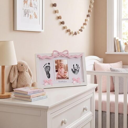 Qunclay Baby Inkless Handprint Footprint Kit Pink Bow Newborn Keepsake Picture Frame with Inkless Pad 2 Display Cards Ideal Mothers Day New Mom Gifts for Baby Shower Girls Boys Nursery Decor in Kuwait