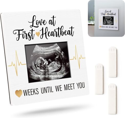 Love at First Heartbeat Sonogram Picture Frame with Countdown Weeks - Magnetic Ultrasound Frame for Fridge & Wall - Write-on Pregnancy Tracker Keepsake Gift To Expecting Mom & Dad, Nursery New Mom Gifts, Baby Shower Gifts, Newborn Essentials Must Haves, P in Kuwait