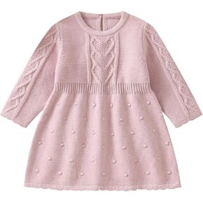 Opewod Toddler Baby Girl Sweater Dress Fall Winter Clothes Outfits for Girls Cute Pompoms Long Sleeve Crew Neck Knit Dress in Saudi Arabia