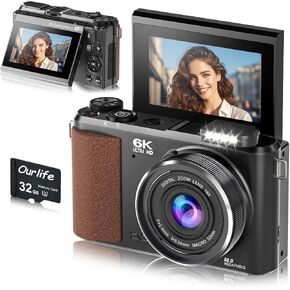 كاميرا رقمية Ourlife 88MP 6K، كاميرات WiFi للتصوير الفوتوغرافي، تسجيل فيديو لكاميرا التركيز التلقائي مع شاشة قلاب 3 بوصات 180 درجة، كاميرا مدمجة جيدة للمبتدئين 18X Zoom Flash Pop-up (بطاقة 32 جيجابايت) in Kuwait
