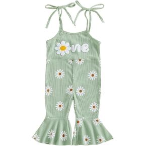 First Birthday Outfit Girl One Year Old Clothes Infant Baby Sleeveless Flared Jumpsuit Floral Waffle Romper Overalls in Saudi Arabia