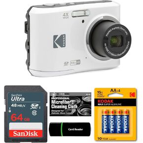 كاميرا Kodak PIXPRO FZ45 رقمية 16 ميجابكسل، تكبير بصري 4X 27 مم زاوية واسعة 1080 بكسل فيديو عالي الدقة 2.7 بوصة كاميرا LCD (أبيض) + بطاقة وقارئ 64 جيجابايت + بطاريات AA (4 عبوات) + قطعة قماش للتنظيف in Kuwait