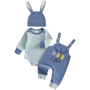 My First Easter Baby Boy Outfit Newborn Infant Long Sleeve Striped Romper Embroidery Overalls Pants Hat 3Pcs Sets in Kuwait