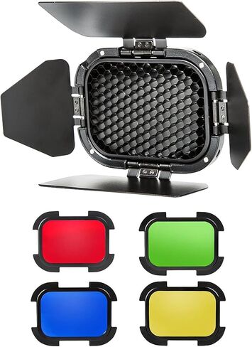 Godox BD-07 II Barn Door متوافق مع Godox AD200Pro II Pocket Speedlite Flash Head، مع شبكة قرص العسل قابلة للفصل و4 مرشحات ألوان in Kuwait