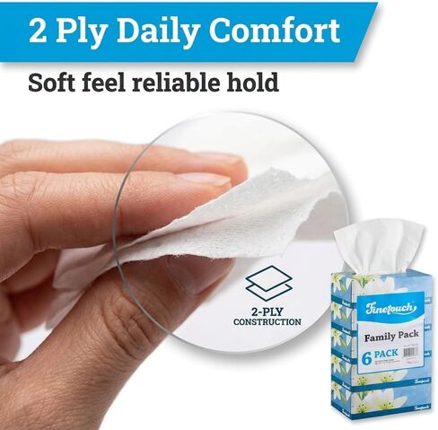 Finetouch Soft Facial Tissues 2 Ply Box Of 130 Pack of 6 (780 Facial Tissues Toatal) Family Pack (6) Design may Vary in Saudi Arabia