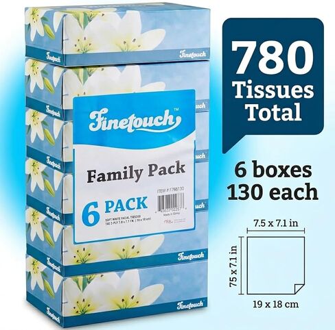 Finetouch Soft Facial Tissues 2 Ply Box Of 130 Pack of 6 (780 Facial Tissues Toatal) Family Pack (6) Design may Vary in Saudi Arabia