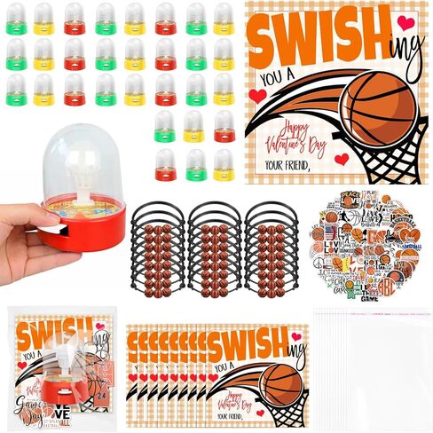 24 Set Valentine's Day Gifts Bulk Basketball Party Favors Mini Finger Basketball Shooting Game Bracelet Stickers for Valentine's Day School Classroom Gift Exchange in Saudi Arabia