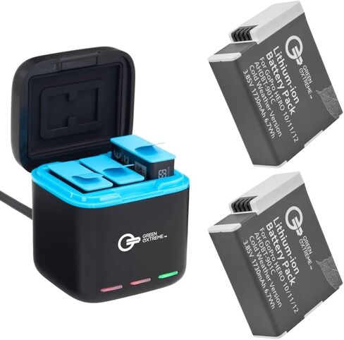 مجموعة شاحن بطارية Green Extreme لجهاز GoPro Hero 12 11 10 9، عبوتان من البطارية + حقيبة شحن ثلاثية مع سلك شحن من النوع C بقدرة 1730 مللي أمبير في الساعة، إصدار للطقس البارد، بطاريات بديلة من GoPro in Kuwait