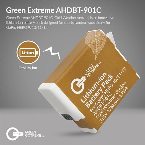 مجموعة شاحن بطارية Green Extreme لجهاز GoPro Hero 12 11 10 9، عبوتان من البطارية + حقيبة شحن ثلاثية مع سلك شحن من النوع C بقدرة 1730 مللي أمبير في الساعة، إصدار للطقس البارد، بطاريات بديلة من GoPro in Kuwait