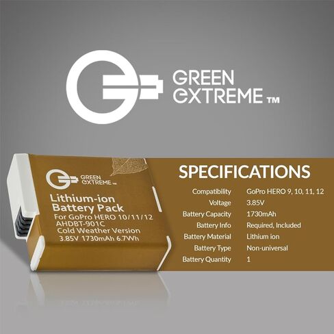 مجموعة شاحن بطارية Green Extreme لجهاز GoPro Hero 12 11 10 9، عبوتان من البطارية + حقيبة شحن ثلاثية مع سلك شحن من النوع C بقدرة 1730 مللي أمبير في الساعة، إصدار للطقس البارد، بطاريات بديلة من GoPro in Kuwait