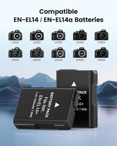 Melasta 2-Pack EN-EL14 / EN-EL14a 1000mAh Batteries and Dual USB Charger for Nikon D3100 D3200 D3300 D3400 D3500 D5100 D5200 D5300 D5500 D5600 Cameras in Kuwait