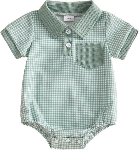 Newborn Baby Boy Summer Clothes Waffle Short Sleeve Lapel Button Romper Up Loose Fit Plaid Jumpsuit Baby Boy Outfit in Kuwait