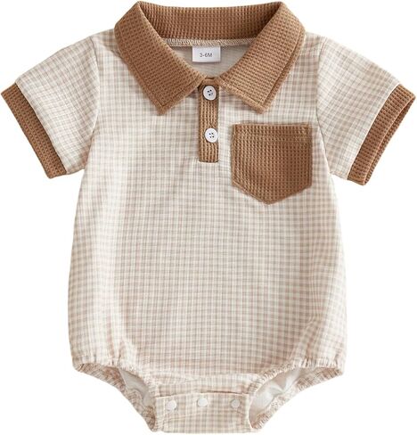 Newborn Baby Boy Summer Clothes Waffle Short Sleeve Lapel Button Romper Up Loose Fit Plaid Jumpsuit Baby Boy Outfit in Saudi Arabia