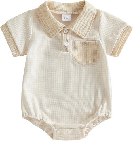 Newborn Baby Boy Summer Clothes Waffle Short Sleeve Lapel Button Romper Up Loose Fit Plaid Jumpsuit Baby Boy Outfit in Saudi Arabia