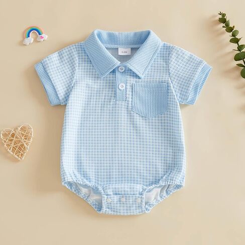 Newborn Baby Boy Summer Clothes Waffle Short Sleeve Lapel Button Romper Up Loose Fit Plaid Jumpsuit Baby Boy Outfit in Saudi Arabia