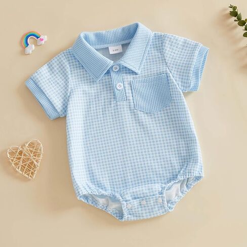 Newborn Baby Boy Summer Clothes Waffle Short Sleeve Lapel Button Romper Up Loose Fit Plaid Jumpsuit Baby Boy Outfit in Saudi Arabia