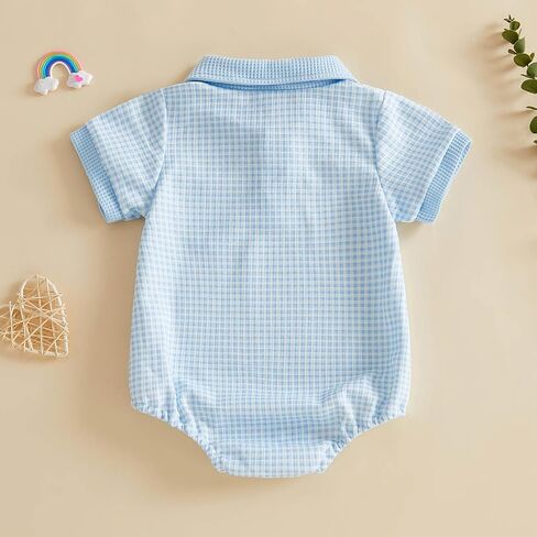 Newborn Baby Boy Summer Clothes Waffle Short Sleeve Lapel Button Romper Up Loose Fit Plaid Jumpsuit Baby Boy Outfit in Saudi Arabia
