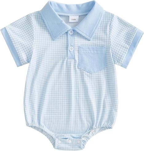 Newborn Baby Boy Summer Clothes Short Sleeve Lapel Button Romper Up Loose Fit Plaid Jumpsuit Onesie Boy Outfit in Saudi Arabia