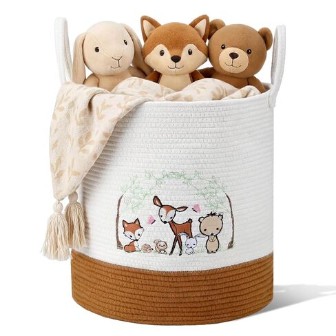 Woodland Animal Nursery Laundry Basket 18 x 15 Inch Cotton Rope Storage Hamper Embroidered Deer Fox Bear Toy Organizer with Handles for Nursery Bedroom Bathroom in Kuwait