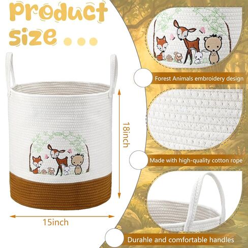 Woodland Animal Nursery Laundry Basket 18 x 15 Inch Cotton Rope Storage Hamper Embroidered Deer Fox Bear Toy Organizer with Handles for Nursery Bedroom Bathroom in Kuwait