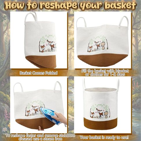 Woodland Animal Nursery Laundry Basket 18 x 15 Inch Cotton Rope Storage Hamper Embroidered Deer Fox Bear Toy Organizer with Handles for Nursery Bedroom Bathroom in Kuwait