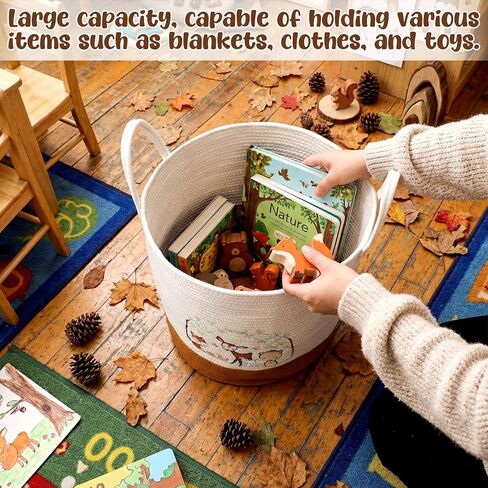 Woodland Animal Nursery Laundry Basket 18 x 15 Inch Cotton Rope Storage Hamper Embroidered Deer Fox Bear Toy Organizer with Handles for Nursery Bedroom Bathroom in Kuwait