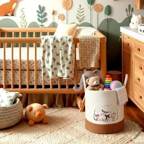 Woodland Animal Nursery Laundry Basket 18 x 15 Inch Cotton Rope Storage Hamper Embroidered Deer Fox Bear Toy Organizer with Handles for Nursery Bedroom Bathroom in Kuwait