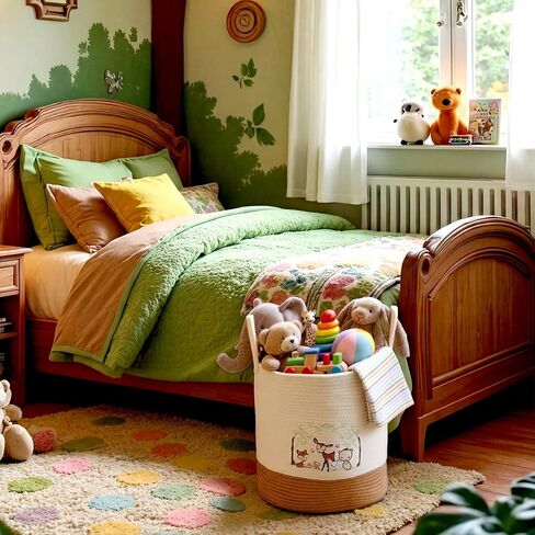 Woodland Animal Nursery Laundry Basket 18 x 15 Inch Cotton Rope Storage Hamper Embroidered Deer Fox Bear Toy Organizer with Handles for Nursery Bedroom Bathroom in Kuwait