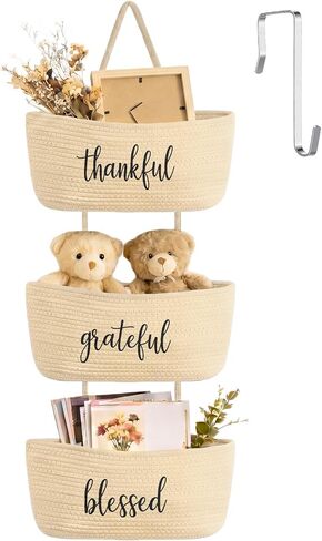 Vesici Over the Door Hanging Basket, 3-tier Woven Cotton Wall-mounted Storage Organizer Bag Decorative Hanging Bedroom Baskets(Beige,Thankful Grateful Blessed) in Saudi Arabia
