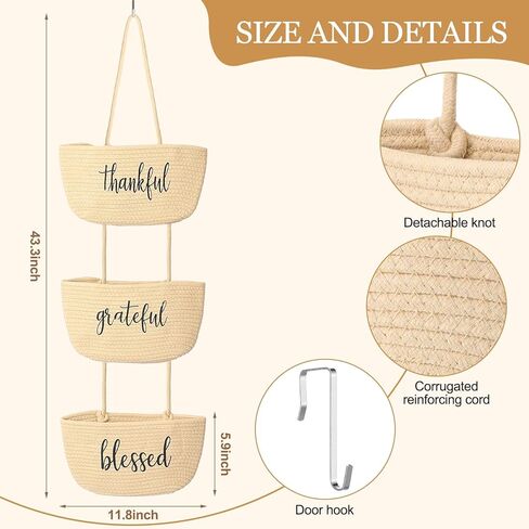 Vesici Over the Door Hanging Basket, 3-tier Woven Cotton Wall-mounted Storage Organizer Bag Decorative Hanging Bedroom Baskets(Beige,Thankful Grateful Blessed) in Saudi Arabia