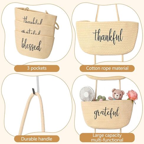 Vesici Over the Door Hanging Basket, 3-tier Woven Cotton Wall-mounted Storage Organizer Bag Decorative Hanging Bedroom Baskets(Beige,Thankful Grateful Blessed) in Saudi Arabia