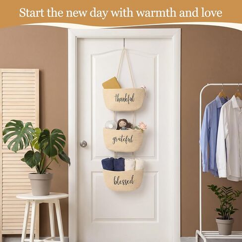 Vesici Over the Door Hanging Basket, 3-tier Woven Cotton Wall-mounted Storage Organizer Bag Decorative Hanging Bedroom Baskets(Beige,Thankful Grateful Blessed) in Saudi Arabia