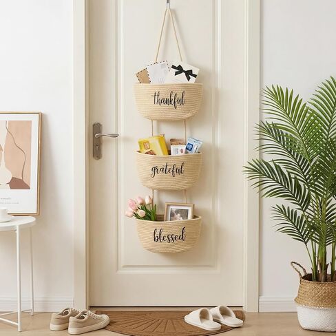 Vesici Over the Door Hanging Basket, 3-tier Woven Cotton Wall-mounted Storage Organizer Bag Decorative Hanging Bedroom Baskets(Beige,Thankful Grateful Blessed) in Saudi Arabia