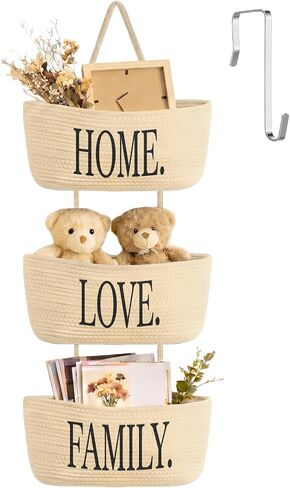Vesici Over the Door Hanging Basket, 3-tier Woven Cotton Wall-mounted Storage Organizer Bag Decorative Hanging Bedroom Baskets(Beige,Thankful Grateful Blessed) in Saudi Arabia