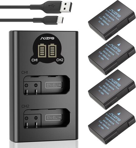 JYJZPB 4-Pack EN-EL14 / EN-EL14a Battery and Rapid Dual Charger Compatible for Nikon D3100 D3200 D3300 D3400 D3500 D5100 D5200 D5300 D5500 D5600 DF Coolpix P7000 P7100 P7700 P7800, with Type-C Cable in Kuwait