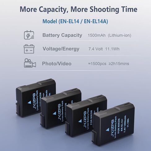 JYJZPB 4-Pack EN-EL14 / EN-EL14a Battery and Rapid Dual Charger Compatible for Nikon D3100 D3200 D3300 D3400 D3500 D5100 D5200 D5300 D5500 D5600 DF Coolpix P7000 P7100 P7700 P7800, with Type-C Cable in Kuwait